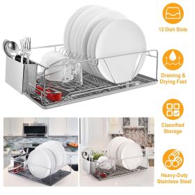 Stainless Steel Dish Drying Rack with Drainboard and Cutlery Holder, Kitchen Countertop Dish Organizer